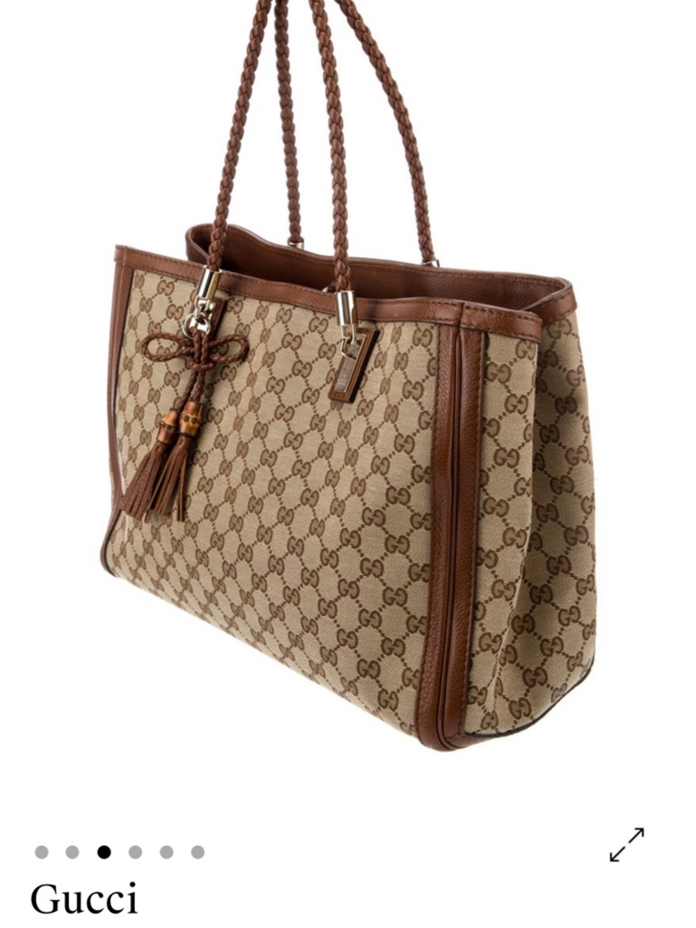 Gucci Beige and Brown GG Canvas Braided Handle Tote with Tassels - Picture 8 of 9